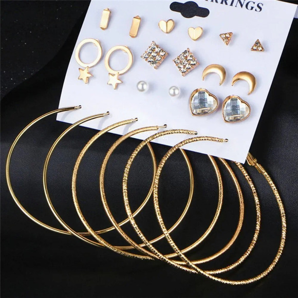 😍12 Pair 14k Gold Plated Geometric Crystal Stud Earring Set Mix for Women, F271 - Picture 5 of 6
